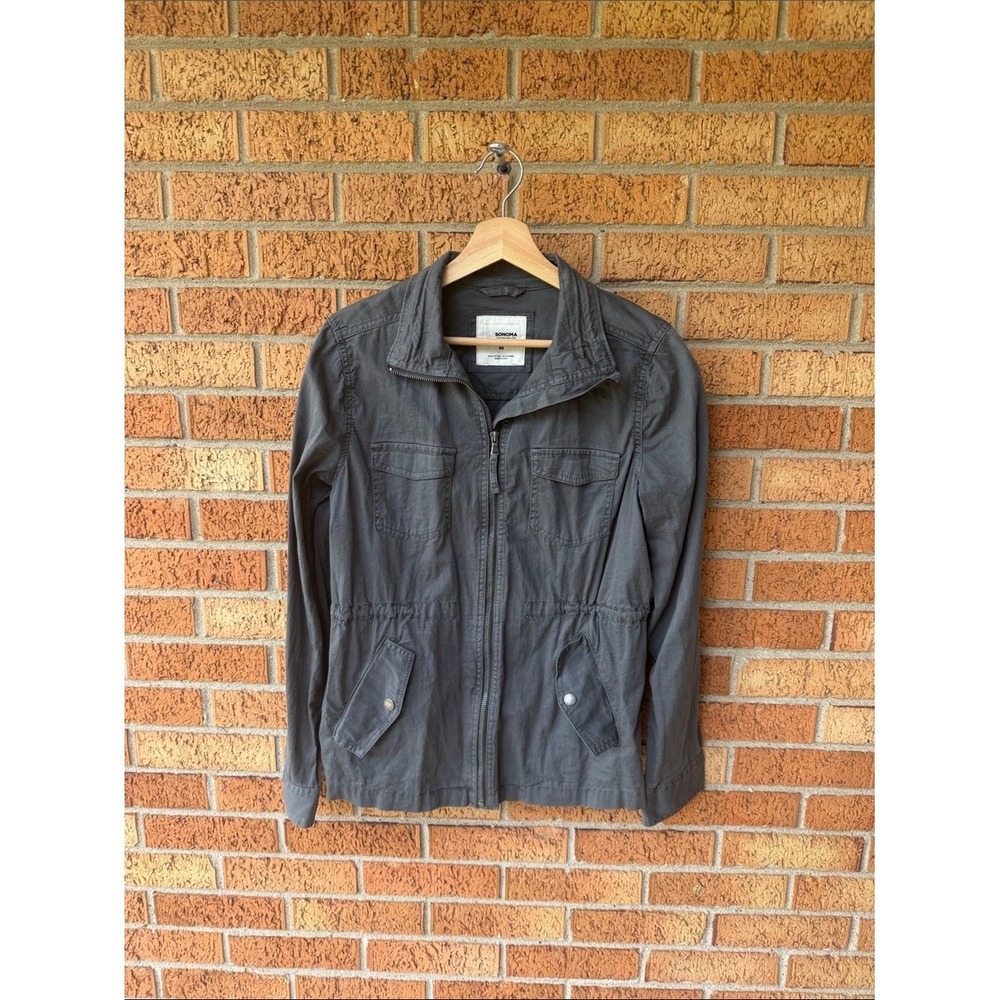 Sonoma Gray Utility Jacket Women's Cinched Waist 4 Pocket Design